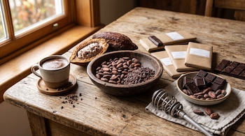 Una taza humeante, un cuenco con granos de cacao, un fruto abierto, tabletas de chocolate y un batidor sobre una mesa de madera.