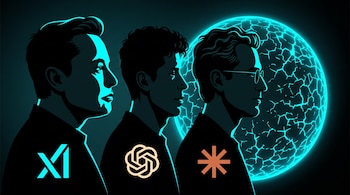 Perfiles de tres hombres con los logotipos de xAI, OpenAI y Anthropic ante una esfera brillante de color cian con grietas.