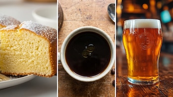 Tres imágenes con una rebanada de bizcocho azucarado, una taza con café negro vista desde arriba y un vaso de cerveza con espuma