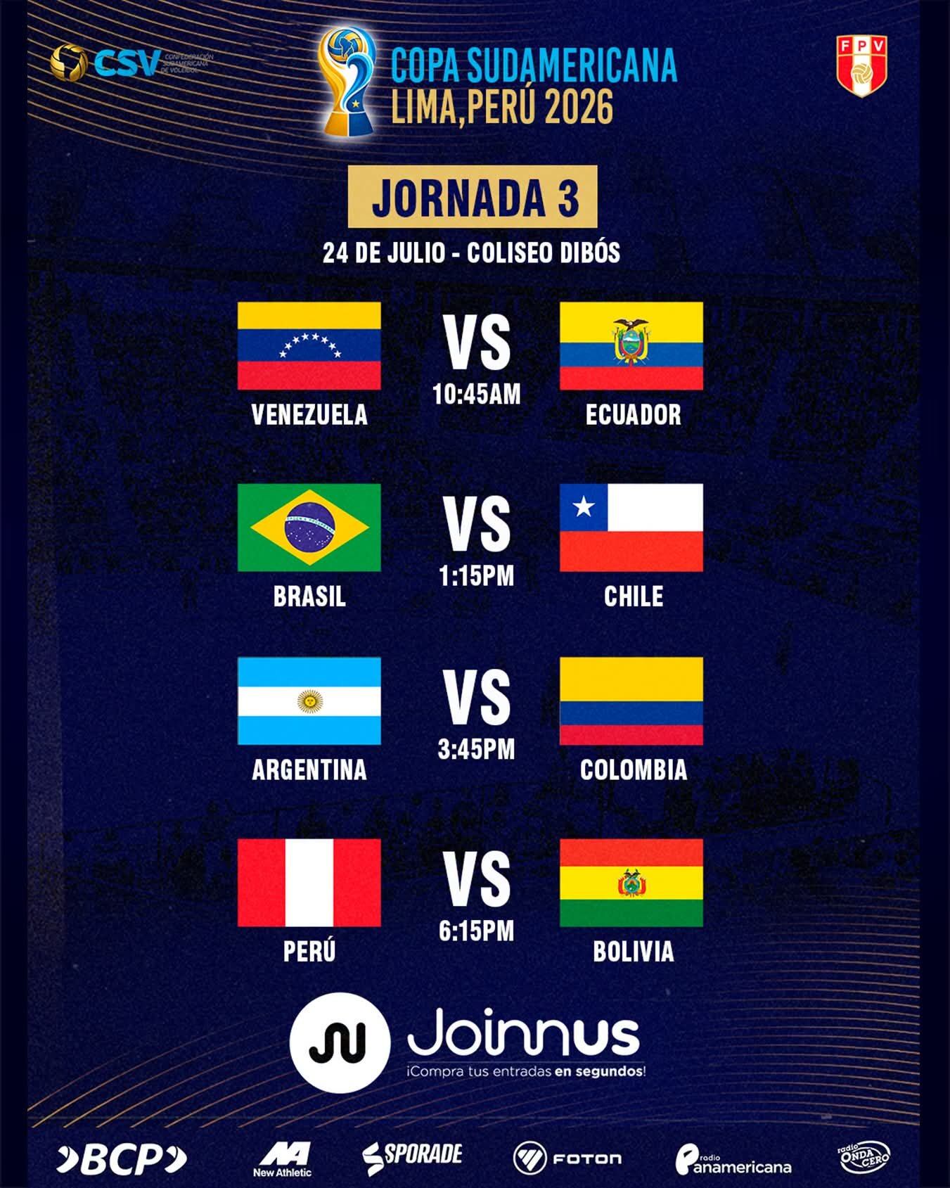 Así se jugará la fecha 3 de la Copa Sudamericana de Vóley 2026. (FPV)