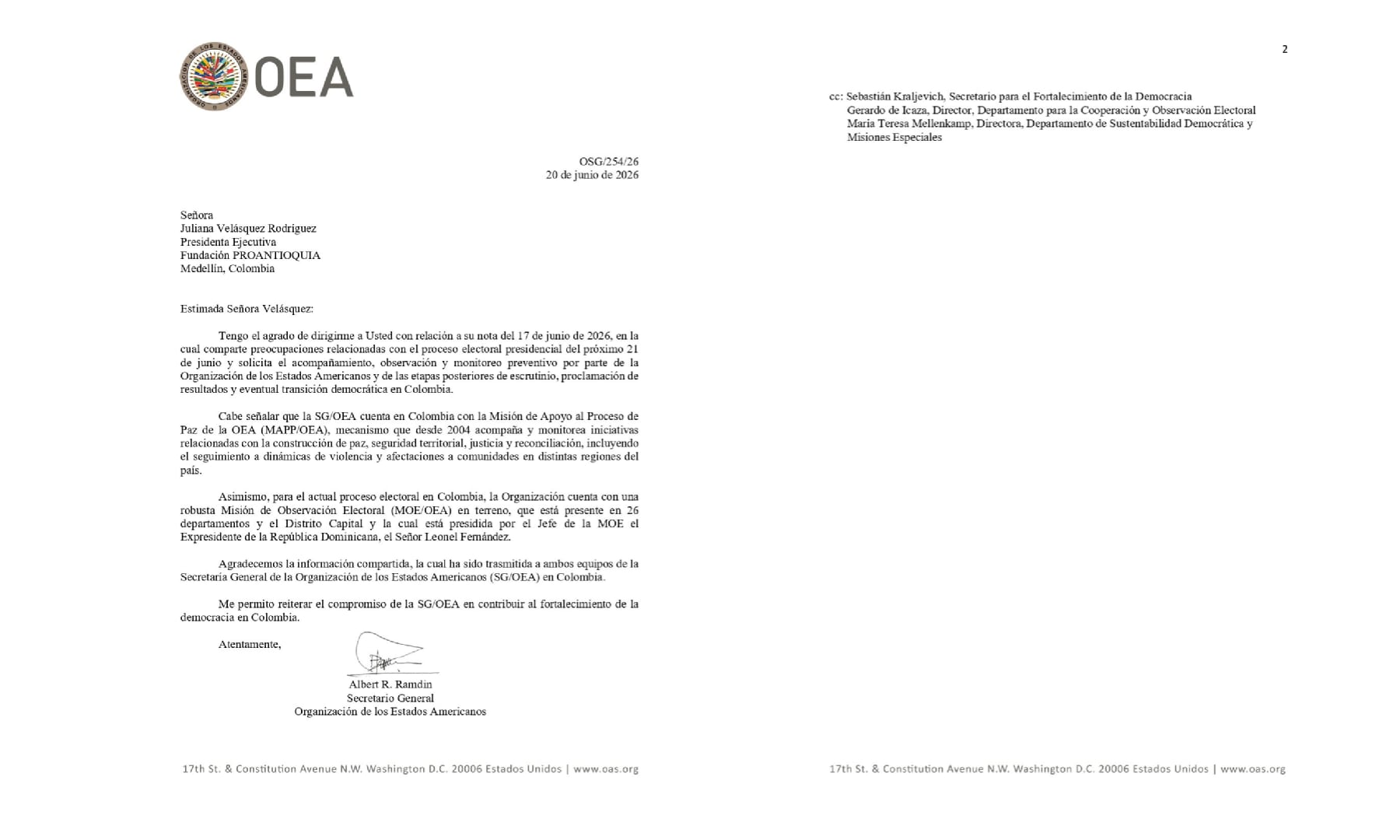 Proantioquia estableció un canal de comunicación directo con la Secretaría General de la Organización de los Estados Americanos (OEA) - crédito @proantioquia1/X