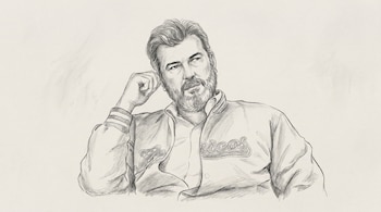 Ilustración a lápiz en blanco y negro de José Miguel Bejos, con barba, chaqueta y mano izquierda en la cara, sobre fondo neutro.