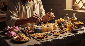 Manos de perfumista egipcio mezclando ingredientes en recipientes sobre una mesa de piedra. Se observan flores de loto, especias, resinas y aceites.