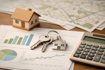 Dos llaves metálicas con un llavero de casa, una casa miniatura de madera, una calculadora y documentos con gráficos sobre una mesa con mapas desenfocados.