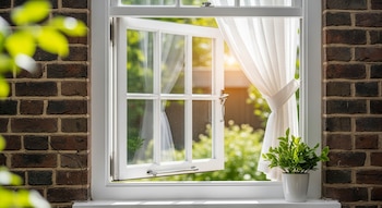 Una ventana abatible con marco blanco abierta, una cortina blanca recogida, una planta verde en maceta blanca en el alféizar y una pared de ladrillo.