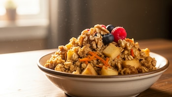 Avena horneada con manzana, zanahoria y nueces: opción baja en grasa y alta en fibra para el desayuno