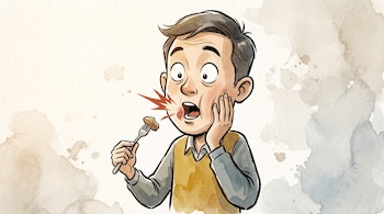 Ilustración de un hombre que sostiene un tenedor con comida y se toca la mejilla ante un destello rojo en la boca.