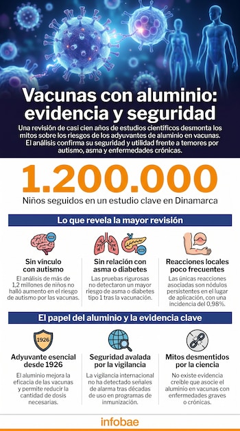 Infografía sobre vacunas con aluminio. Muestra virus y figuras humanas, destaca que un estudio en Dinamarca desmintió vínculos con autismo, asma y diabetes.