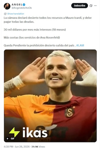 Captura de pantalla de un tuit con la imagen de Mauro Icardi sonriendo y texto sobre un fallo judicial, que indica el pago de 30.000 dólares