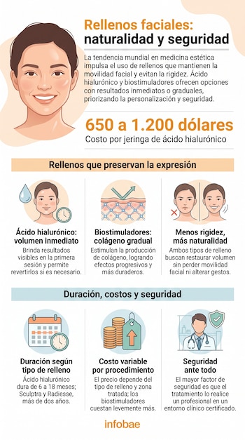 Infografía sobre rellenos faciales, mostrando una cara sonriente, texto, gráficos de ácido hialurónico, biostimuladores, duraciones, costos y seguridad. Logo de infobae.