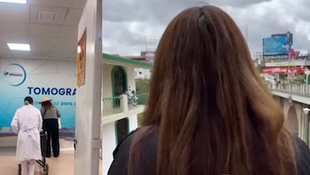 Composición con el área de tomografía de un centro médico a la izquierda y una mujer de espaldas mirando hacia la calle a la derecha