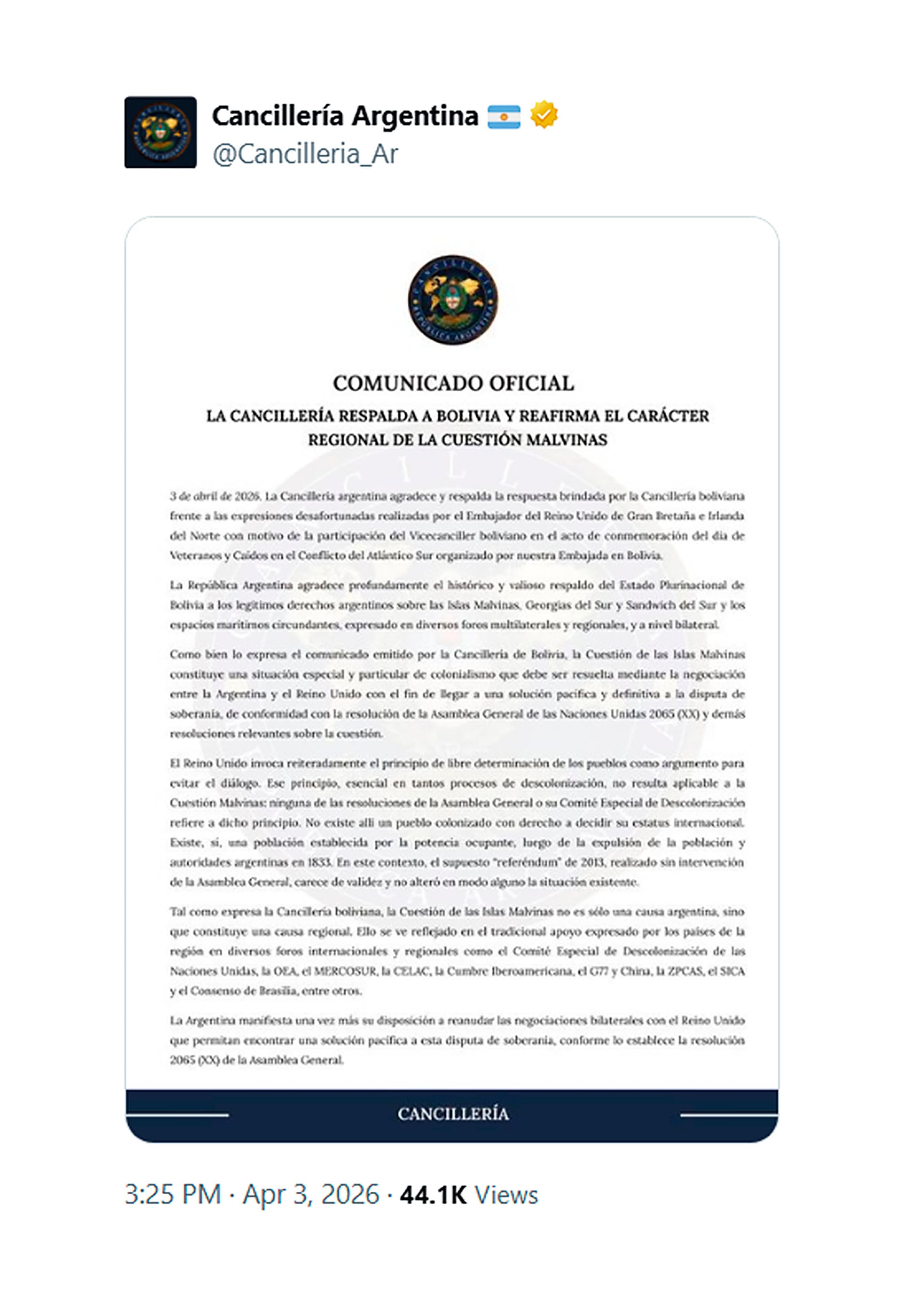 La Cancillería argentina emitió un comunicado expresando su respaldo a Bolivia y reafirmando el carácter regional de la cuestión de las Islas Malvinas. (X)