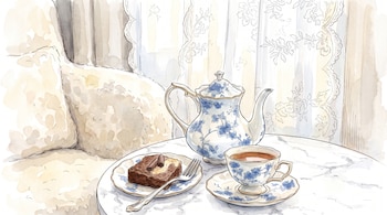 Ilustración en acuarela de una tetera y taza de porcelana con flores azules, un plato con pastel y un tenedor sobre una mesa.