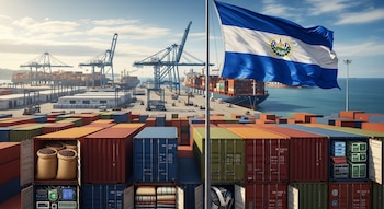 Bandera de El Salvador ondeando en un puerto. Contenedores de carga apilados en primer plano y grúas de barco con buques en el fondo del Puerto de Acajutla.