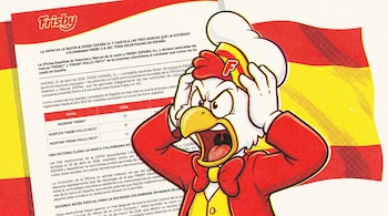 Risografía de un pollo de dibujos animados, vestido de chef, con expresión de furia y las manos en la cabeza. Detrás, un documento y una bandera de España ondeando.