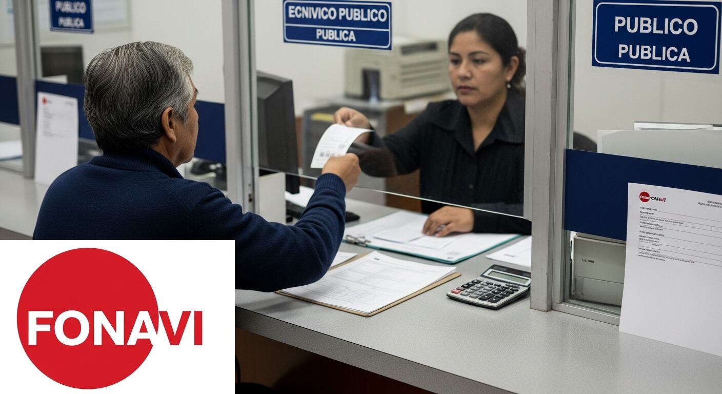 Un ciudadano de edad avanzada realiza trámites de consulta y cobro del FONAVI, mostrando un documento a un empleado tras una ventanilla de atención al público en una oficina en Perú. (Imagen Ilustrativa Infobae)