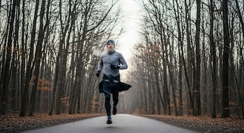 Hombre con ropa deportiva de invierno corre por un camino asfaltado flanqueado por árboles sin hojas. Se ve vapor salir de su boca.
