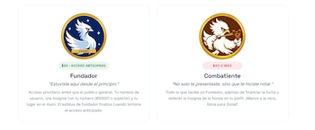 Dos tarjetas con emblemas circulares de un ave blanca, precios de veinte y cuarenta dólares y descripciones de categorías en español