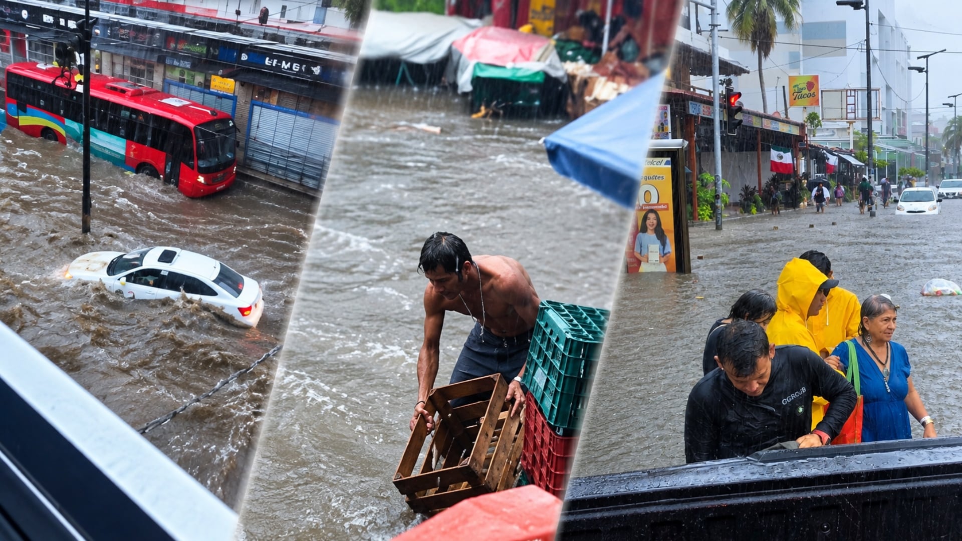 Las lluvias e inundaciones provocadas por el huracán Simón afectan las calles y el transporte en Acapulco. (Facebook)