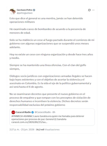 Gustavo Petro rechazó declaraciones del general (r) Sanabria