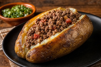Papa asada abierta y rellena de carne picada en un plato negro, junto a un cuenco con hierbas picadas sobre una superficie de madera.
