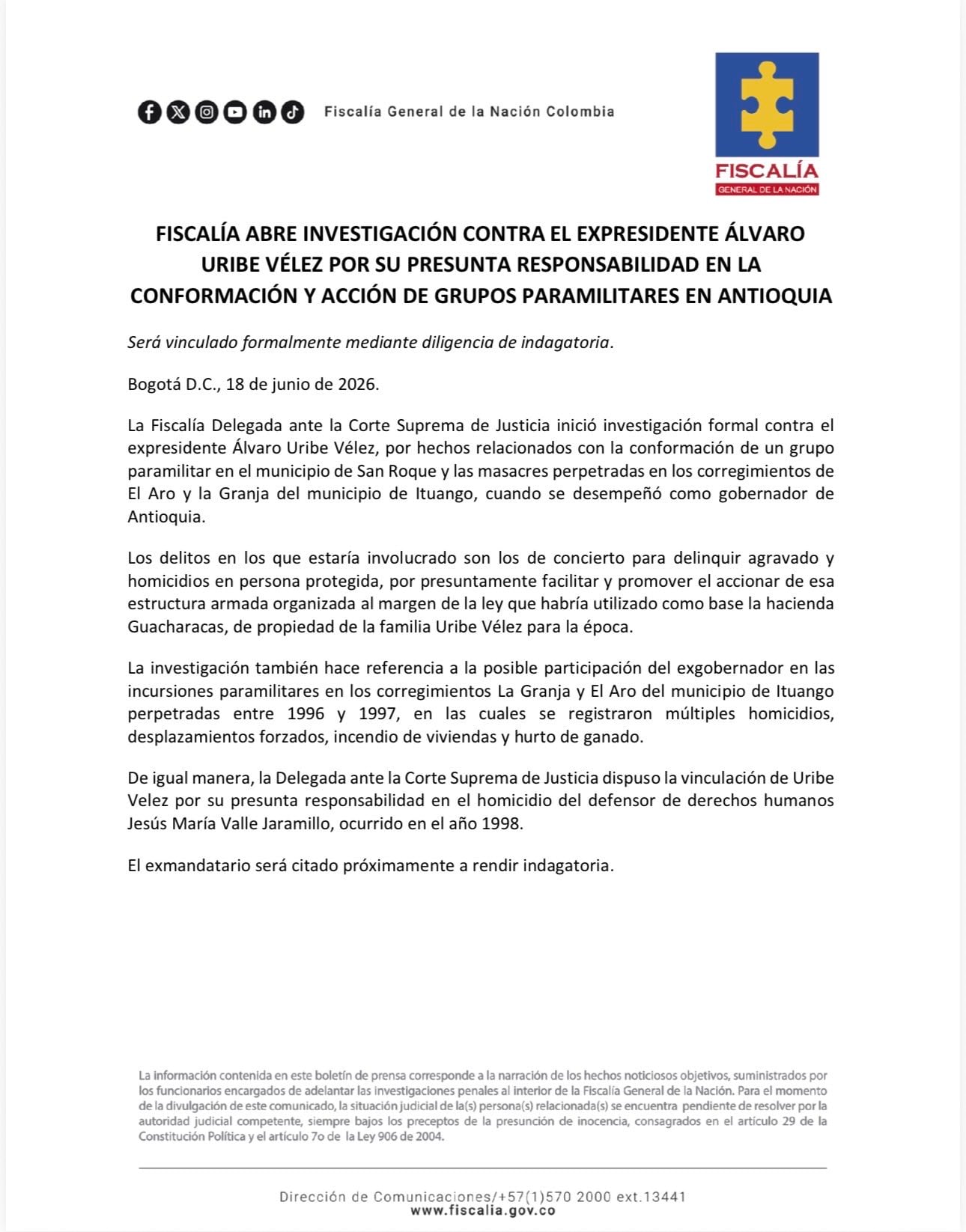 La Fiscalía General de la Nación confirmó apertura de investigación contra Álvaro Uribe - crédito @FiscaliaCol/X