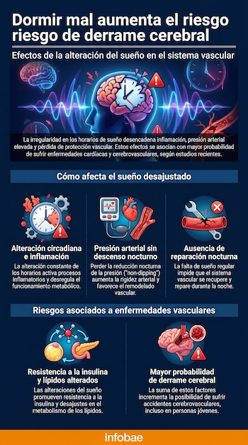 Infografía que ilustra cómo el sueño irregular afecta la salud vascular. Muestra un cerebro, arterias, un reloj, corazón, páncreas, y un monitor de presión arterial, con texto explicativo.