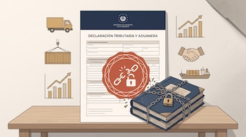 Formulario tributario de El Salvador, libros encadenados con candado, un sello con eslabones rotos e iconos de transporte y comercio exterior.