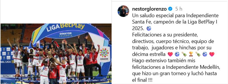 Néstor Lorenzo envió mensaje a Santa Fe tras la obtención de la décima estrella- crédito @nestorglorenzo/Instagram