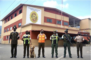 Seis personas uniformadas con mascarillas y un perro posan frente a un edificio con el letrero Comando Nacional Antidrogas