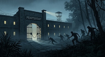 Ilustración oscura de una penitenciaría con la entrada abierta en una noche lluviosa, de donde corren varias siluetas de personas hacia un denso bosque.
