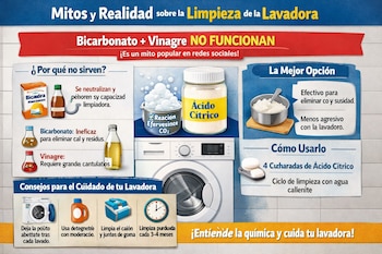 Infografía que explica mitos y realidades sobre la limpieza de lavadoras, mostrando productos como bicarbonato, vinagre y ácido cítrico, y una lavadora.