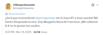 La autora de 'El hombre del acordeón' solicita ayuda al presidente Gustavo Petro para validar su nueva identidad digital - crédito @margaritavasola/X