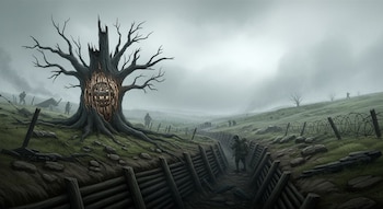 Ilustración de paisaje de trincheras de la Primera Guerra Mundial. Árbol seco con estructura metálica, soldados y alambre de púas en fondo neblinoso y gris.