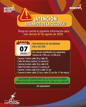 La ciclovía de Bogotá tendrá cierres temporales el viernes 7 de agosto por el operativo de seguridad de la posesión presidencial de Abelardo de la Espriella - crédito @IDRD/X