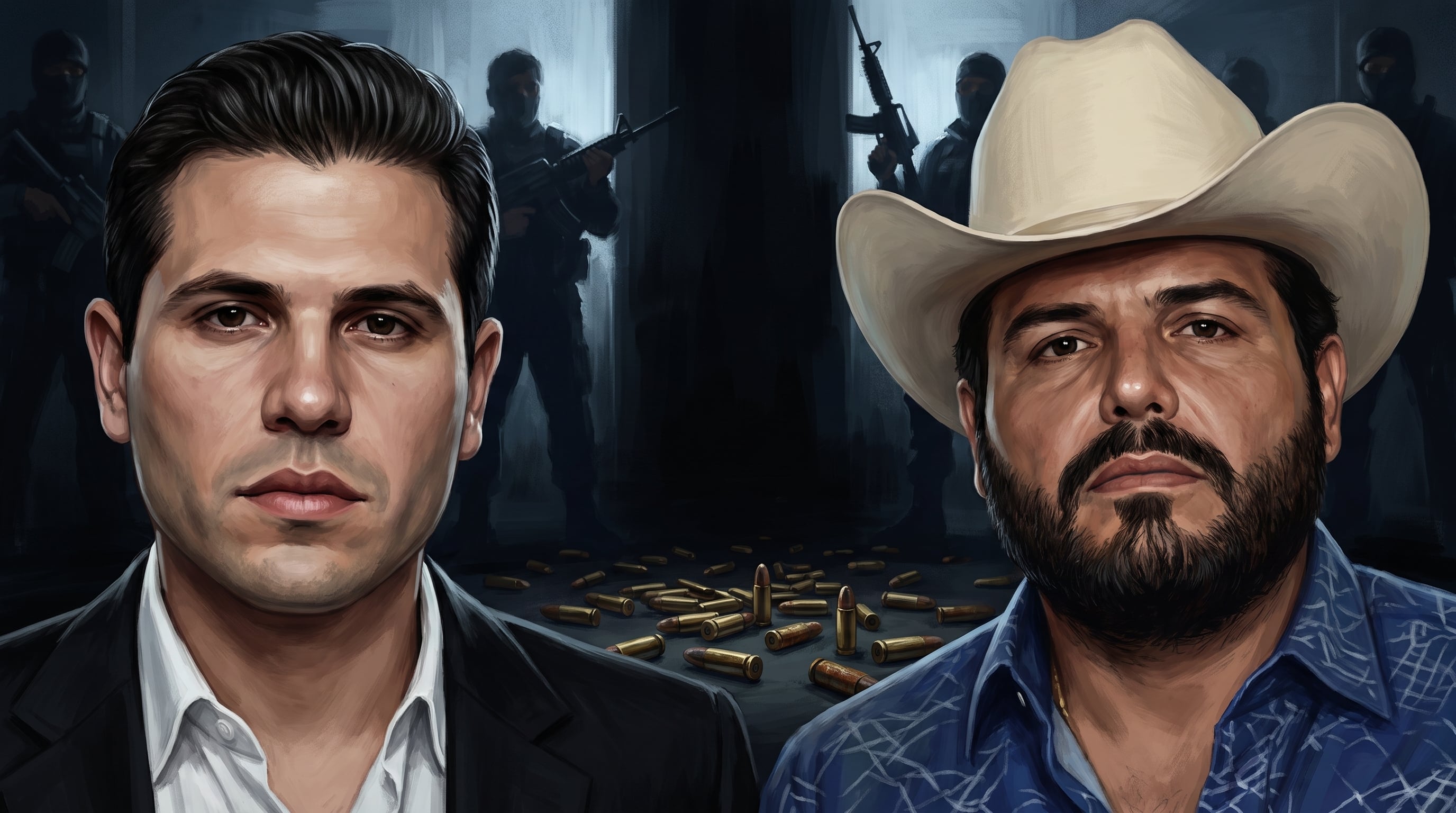Una ilustración retrata a Iván Archivaldo Guzmán e Ismael Zambada Sicairos sobre un fondo con casquillos de bala y hombres armados. (Imagen Ilustrativa Infobae)