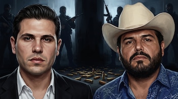 Ilustración de dos hombres de frente con casquillos de bala en el suelo y siluetas armadas al fondo.