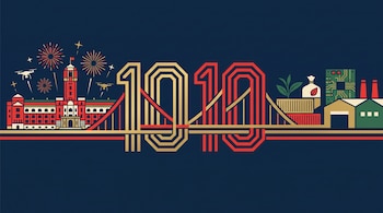 Ilustración con el número 1010 en forma de puente, la Oficina Presidencial de Taipéi, fuegos artificiales, drones y naves industriales.