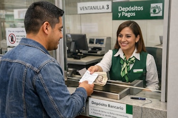 Hombre de espaldas a la cámara entrega un formulario y billetes mexicanos a una cajera sonriente en una ventanilla de banco.