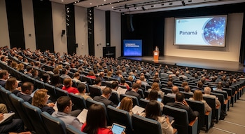 Vista aérea de un gran auditorio lleno de personas sentadas, con un orador en el podio y pantallas que muestran 'Panamá' y 'Congreso Internacional'.