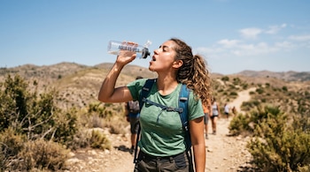 Una mujer con mochila bebe agua de una botella transparente en un sendero de tierra rodeado de colinas secas bajo el cielo despejado.