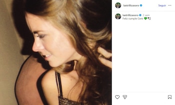 Primer plano de una mujer joven con cabello castaño largo y sonrisa leve, vista de perfil. Interfaz de Instagram con el texto 'Feliz cumple Geni'