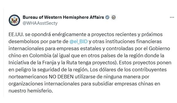 El ingreso de Colombia a la Ruta de la Seda ya tiene sus consecuencias - crédito @WHAAsstSecty/X