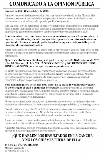 El máximo accionista de la "Mechita" desmintió la venta del América de Cali y confirmó que el club sigue bajo su propiedad-crédito @tulioagomez/X