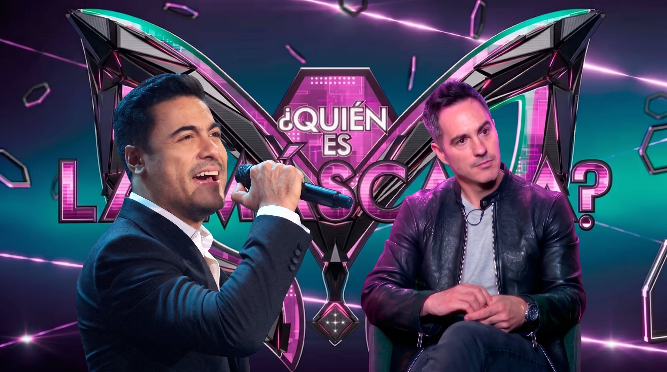 Carlos Rivera y Mauricio Ochmann aparecen ante el logotipo del programa de televisión ¿Quién es la máscara?. (Imagen Ilustrativa Infobae)