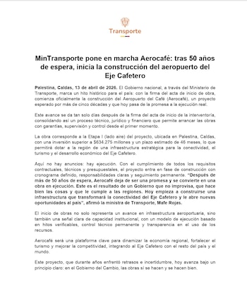 ElMinisterio de Transporte firmó el acta de inicio y la interventoría para asegurar el control técnico, jurídico y financiero del Aeropuerto del Café - crédito Ministerio de Transporte
