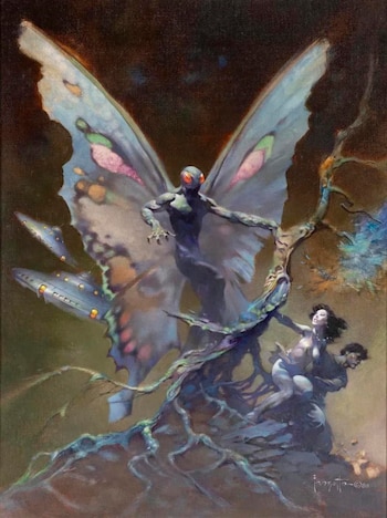 Pintura de fantasía con una criatura alada de ojos rojos, una nave espacial y dos personas junto a un árbol retorcido sobre un fondo oscuro