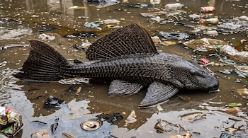 Un pez de río de aletas grandes y piel escamosa oscura descansa en aguas sucias con botellas plásticas, latas y otros desechos flotando.