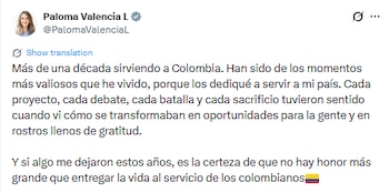 Paloma Valencia se despidió del Congreso de la República con sentido mensaje - crédito @PalomaValenciaL/X