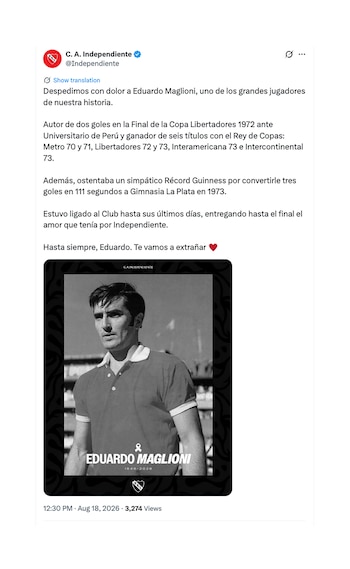Murió Eduardo Maglioni, una gloria de Independiente